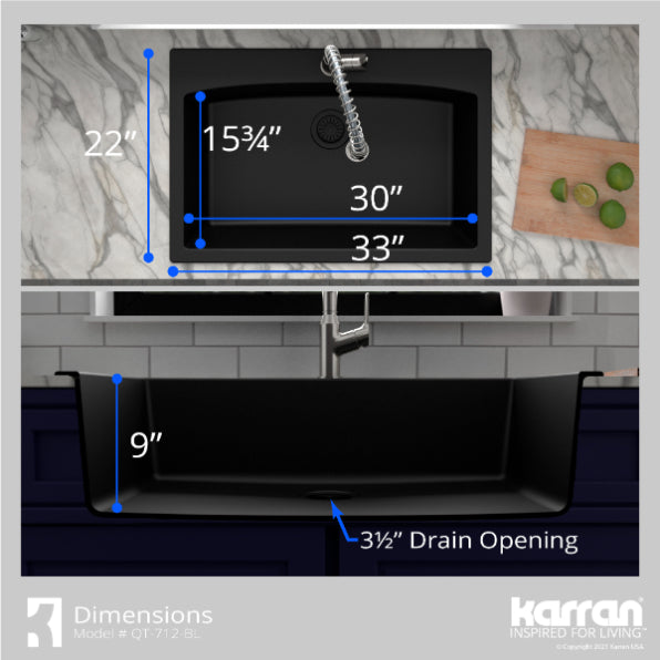 Karran 33" Drop In/Topmount Quartz Composite Kitchen Sink, Black, QT-712-BL-PK1