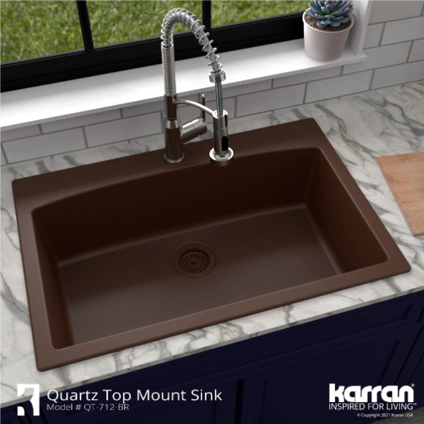 Karran 33" Drop In/Topmount Quartz Composite Kitchen Sink, Brown, QT-712-BR