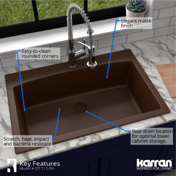 Karran 33" Drop In/Topmount Quartz Composite Kitchen Sink, Brown, QT-712-BR