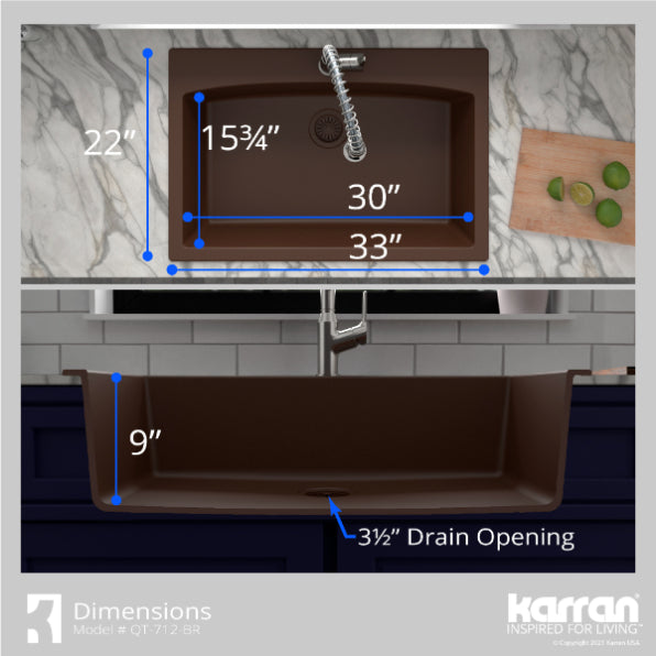 Karran 33" Drop In/Topmount Quartz Composite Kitchen Sink, Brown, QT-712-BR