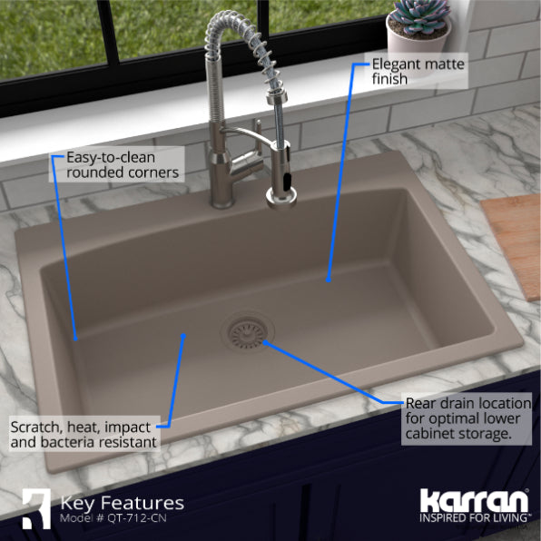 Karran 33" Drop In/Topmount Quartz Composite Kitchen Sink, Concrete, QT-712-CN-PK1
