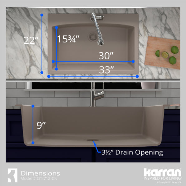 Karran 33" Drop In/Topmount Quartz Composite Kitchen Sink, Concrete, QT-712-CN-PK1