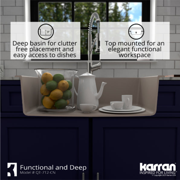 Karran 33" Drop In/Topmount Quartz Composite Kitchen Sink, Concrete, QT-712-CN-PK1