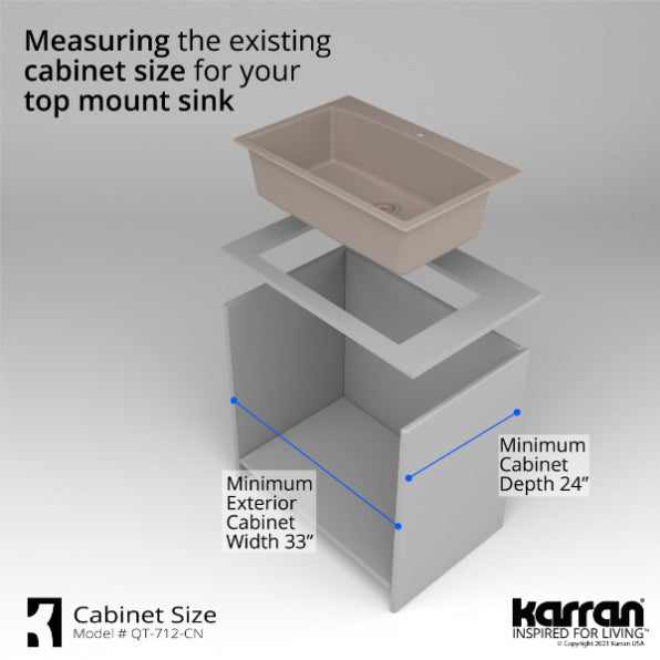Karran 33" Drop In/Topmount Quartz Composite Kitchen Sink, Concrete, QT-712-CN-PK1