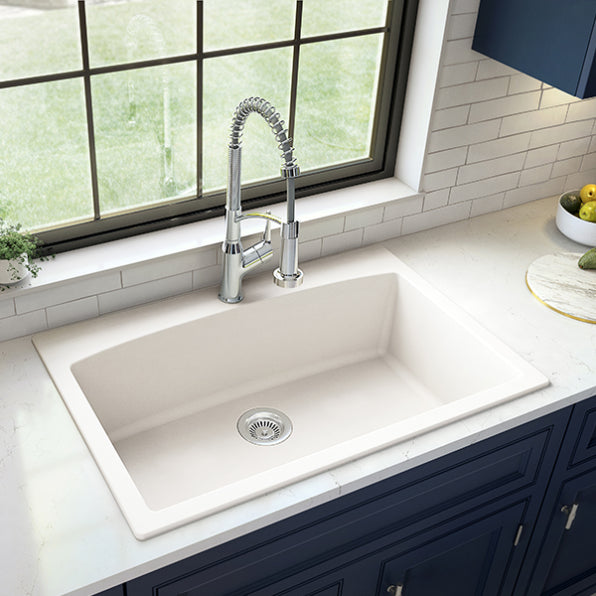 Karran 33" Drop In/Topmount Quartz Composite Kitchen Sink, White, QT-712-WH-PK1
