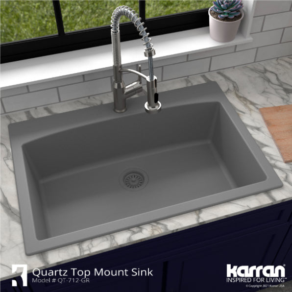 Karran 33" Drop In/Topmount Quartz Composite Kitchen Sink, Grey, QT-712-GR