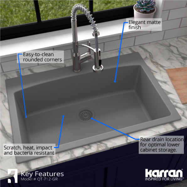 Karran 33" Drop In/Topmount Quartz Composite Kitchen Sink, Grey, QT-712-GR