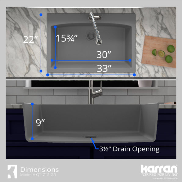 Karran 33" Drop In/Topmount Quartz Composite Kitchen Sink, Grey, QT-712-GR
