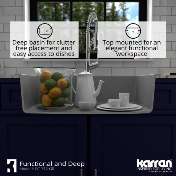 Karran 33" Drop In/Topmount Quartz Composite Kitchen Sink, Grey, QT-712-GR