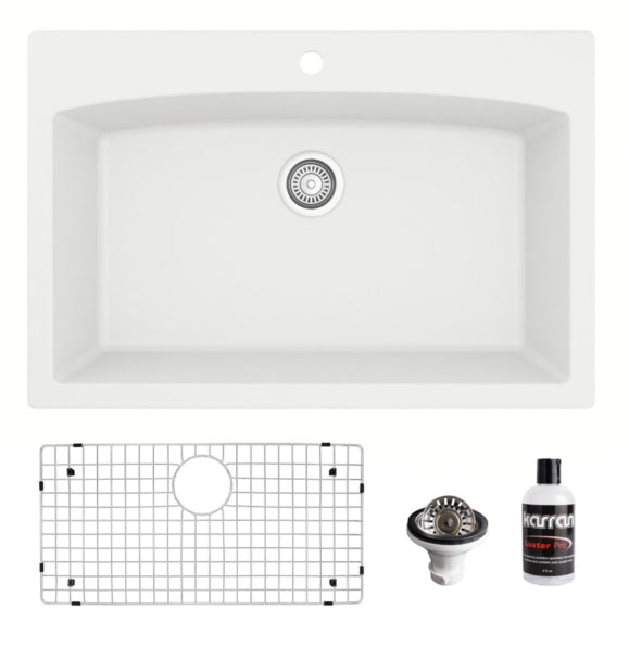 Karran 33" Drop In/Topmount Quartz Composite Kitchen Sink, White, QT-712-WH-PK1