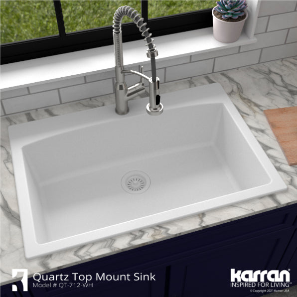 Karran 33" Drop In/Topmount Quartz Composite Kitchen Sink, White, QT-712-WH-PK1