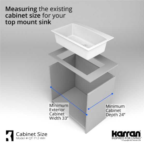 Karran 33" Drop In/Topmount Quartz Composite Kitchen Sink, White, QT-712-WH-PK1