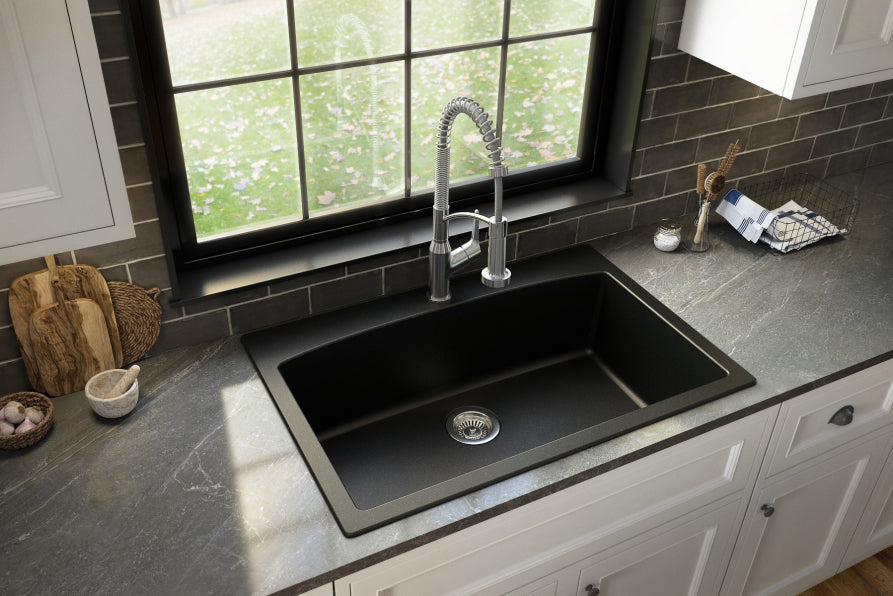 Karran 33" Drop In/Topmount Quartz Composite Kitchen Sink, Black, QT-712-BL-PK1