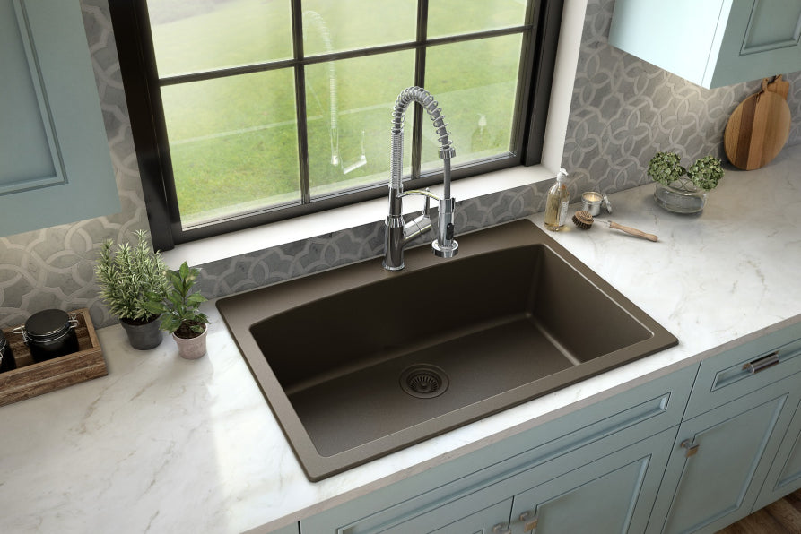 Karran 33" Drop In/Topmount Quartz Composite Kitchen Sink, Brown, QT-712-BR