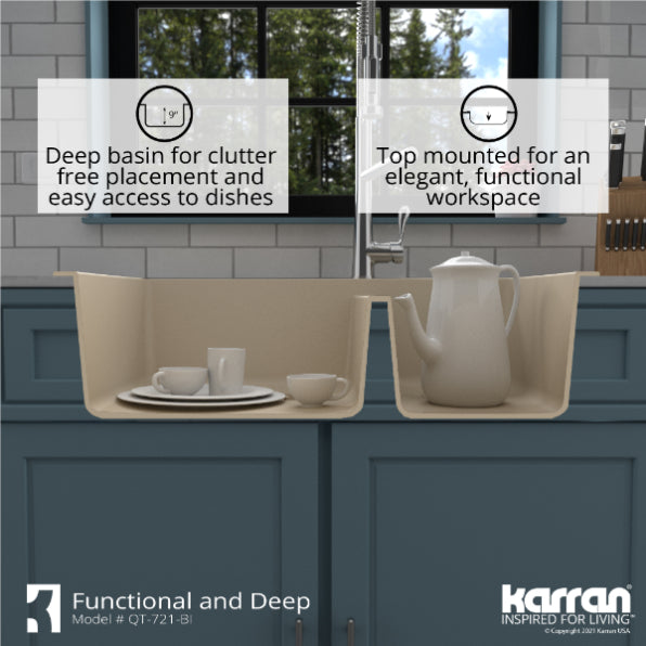 Karran 34" Drop In/Topmount Quartz Composite Kitchen Sink, 60/40 Double Bowl, Bisque, QT-721-BI
