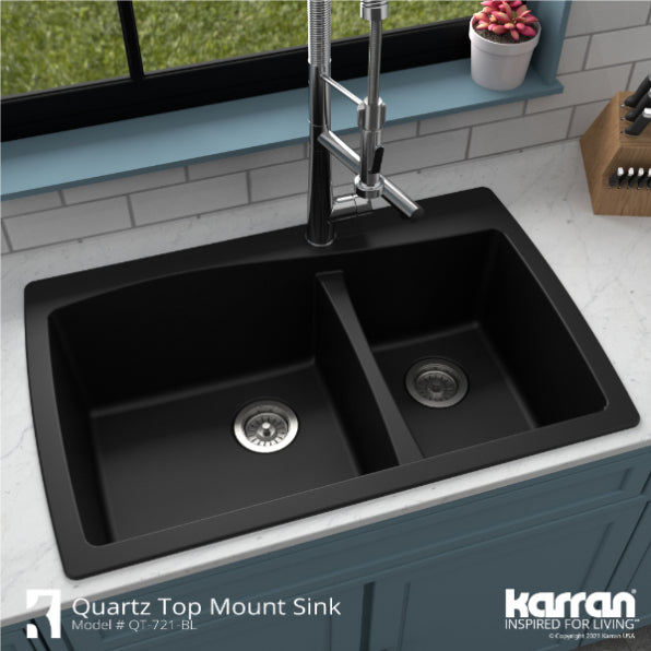 Karran 34" Drop In/Topmount Quartz Composite Kitchen Sink, 60/40 Double Bowl, Black, QT-721-BL