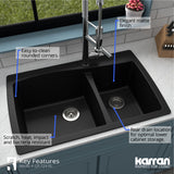 Karran 34" Drop In/Topmount Quartz Composite Kitchen Sink, 60/40 Double Bowl, Black, QT-721-BL