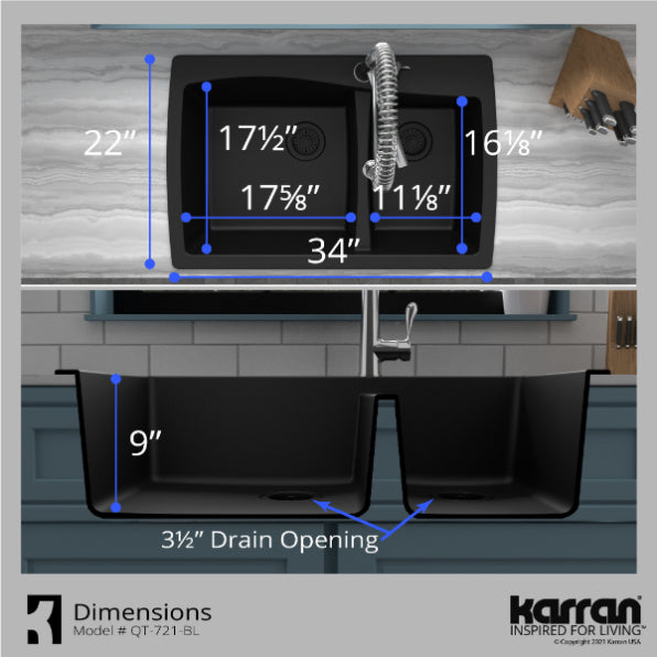 Karran 34" Drop In/Topmount Quartz Composite Kitchen Sink, 60/40 Double Bowl, Black, QT-721-BL