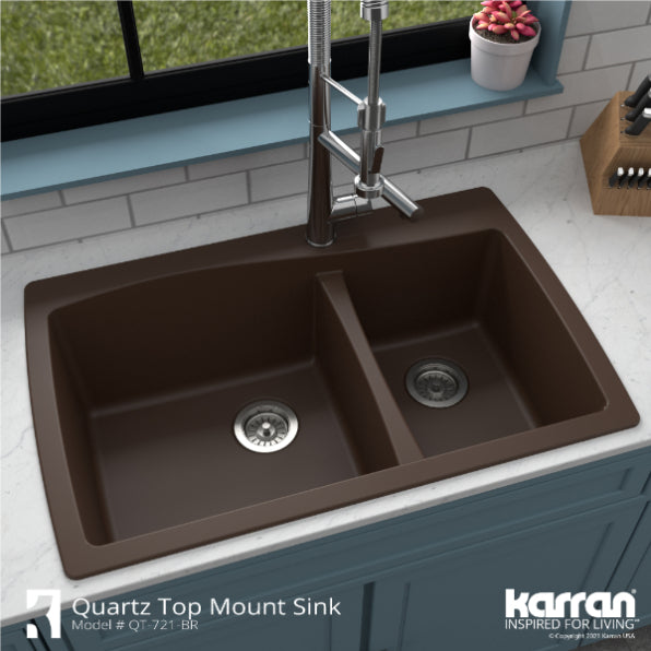 Karran 34" Drop In/Topmount Quartz Composite Kitchen Sink, 60/40 Double Bowl, Brown, QT-721-BR