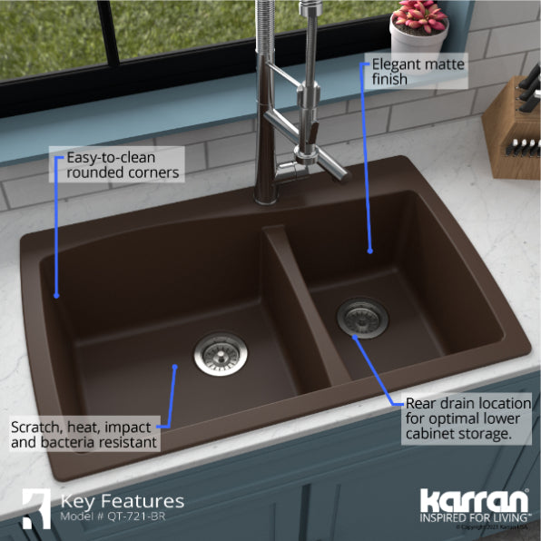 Karran 34" Drop In/Topmount Quartz Composite Kitchen Sink, 60/40 Double Bowl, Brown, QT-721-BR