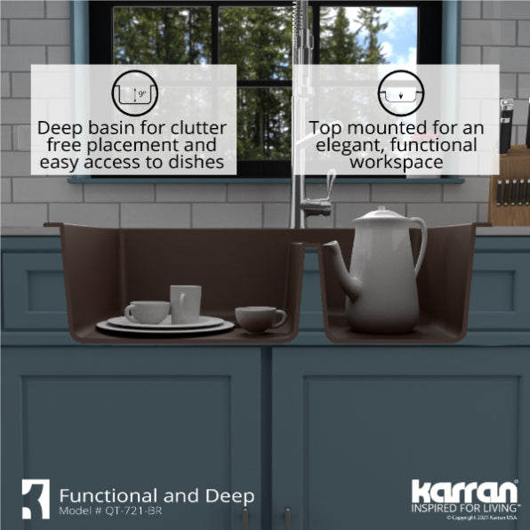 Karran 34" Drop In/Topmount Quartz Composite Kitchen Sink, 60/40 Double Bowl, Brown, QT-721-BR
