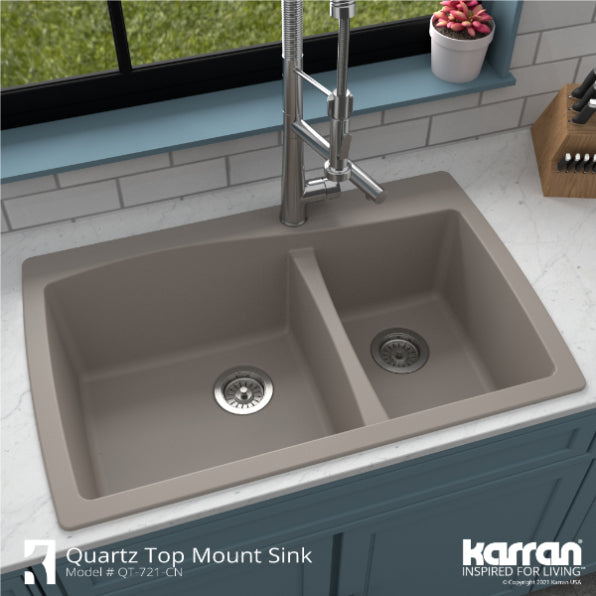 Karran 34" Drop In/Topmount Quartz Composite Kitchen Sink, 60/40 Double Bowl, Concrete, QT-721-CN