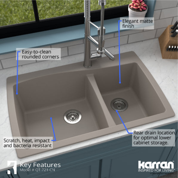 Karran 34" Drop In/Topmount Quartz Composite Kitchen Sink, 60/40 Double Bowl, Concrete, QT-721-CN