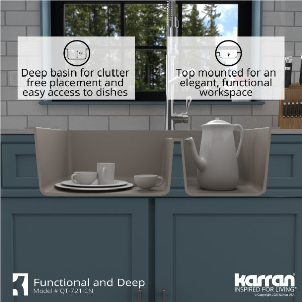 Karran 34" Drop In/Topmount Quartz Composite Kitchen Sink, 60/40 Double Bowl, Concrete, QT-721-CN