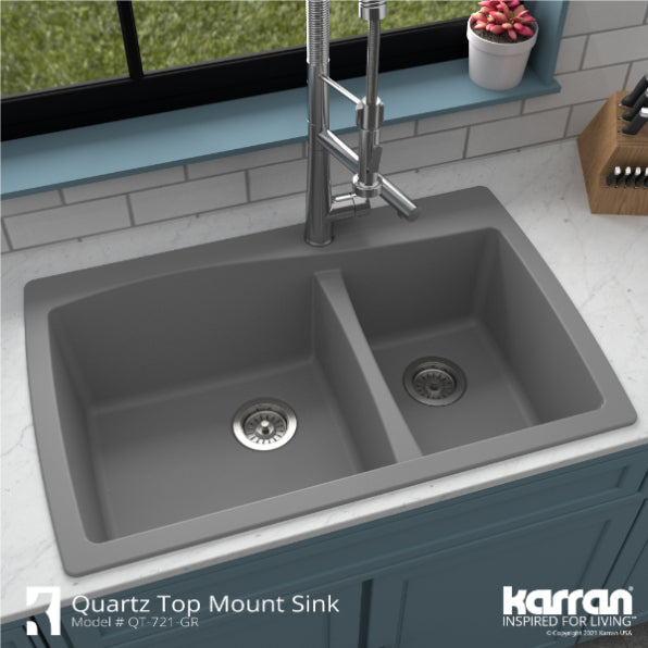 Karran 34" Drop In/Topmount Quartz Composite Kitchen Sink, 60/40 Double Bowl, Grey, QT-721-GR