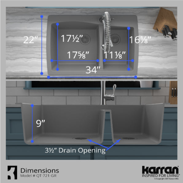 Karran 34" Drop In/Topmount Quartz Composite Kitchen Sink, 60/40 Double Bowl, Grey, QT-721-GR