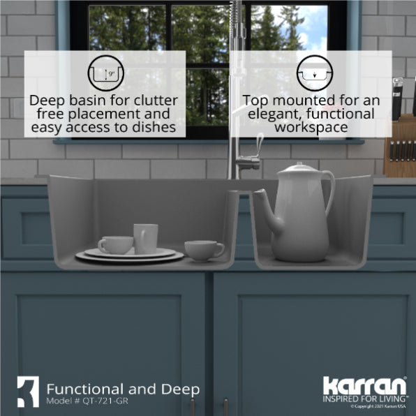 Karran 34" Drop In/Topmount Quartz Composite Kitchen Sink, 60/40 Double Bowl, Grey, QT-721-GR