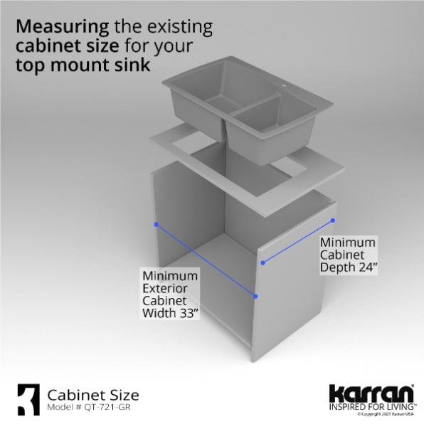 Karran 34" Drop In/Topmount Quartz Composite Kitchen Sink, 60/40 Double Bowl, Grey, QT-721-GR
