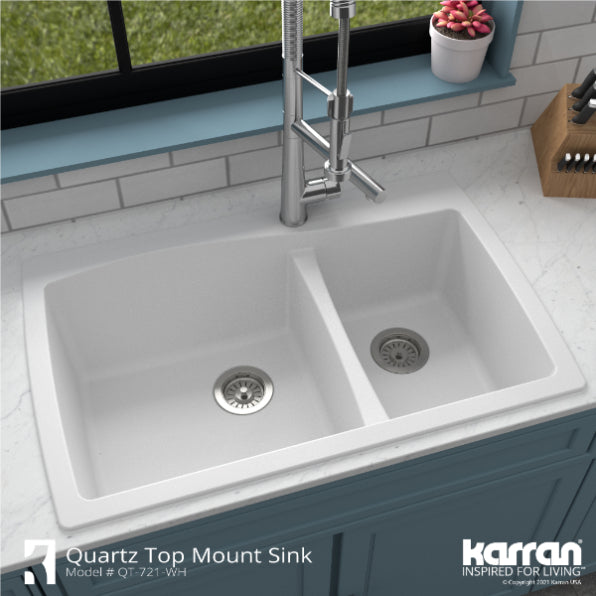 Karran 34" Drop In/Topmount Quartz Composite Kitchen Sink, 60/40 Double Bowl, White, QT-721-WH