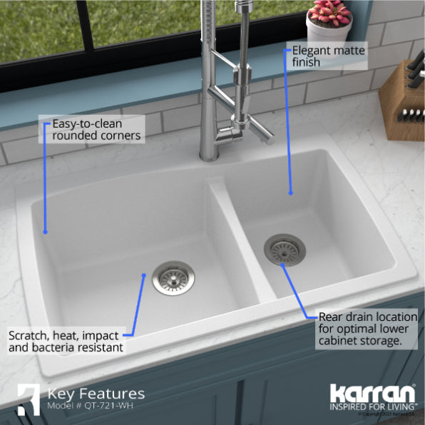 Karran 34" Drop In/Topmount Quartz Composite Kitchen Sink, 60/40 Double Bowl, White, QT-721-WH