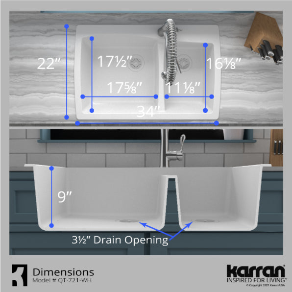 Karran 34" Drop In/Topmount Quartz Composite Kitchen Sink, 60/40 Double Bowl, White, QT-721-WH