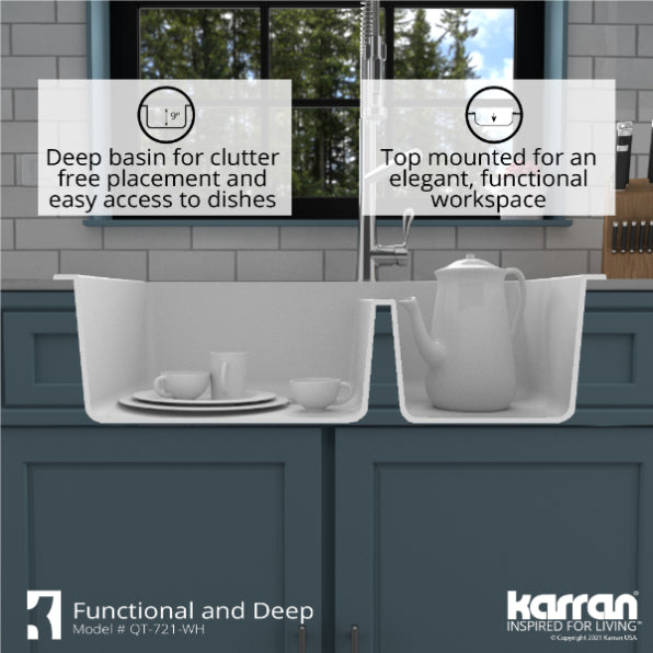 Karran 34" Drop In/Topmount Quartz Composite Kitchen Sink, 60/40 Double Bowl, White, QT-721-WH