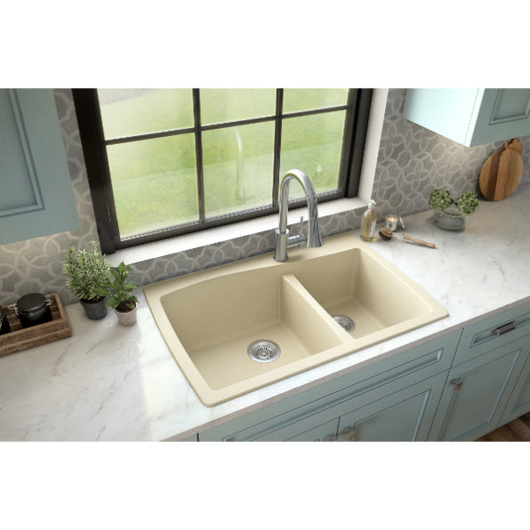 Karran 34" Drop In/Topmount Quartz Composite Kitchen Sink, 60/40 Double Bowl, Bisque, QT-721-BI