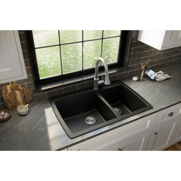Karran 34" Drop In/Topmount Quartz Composite Kitchen Sink, 60/40 Double Bowl, Black, QT-721-BL