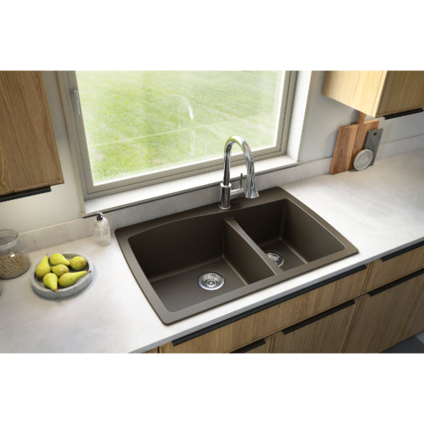 Karran 34" Drop In/Topmount Quartz Composite Kitchen Sink, 60/40 Double Bowl, Brown, QT-721-BR