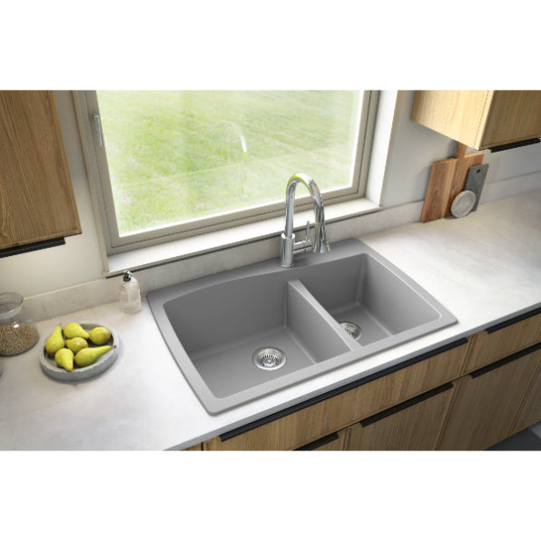 Karran 34" Drop In/Topmount Quartz Composite Kitchen Sink, 60/40 Double Bowl, Grey, QT-721-GR