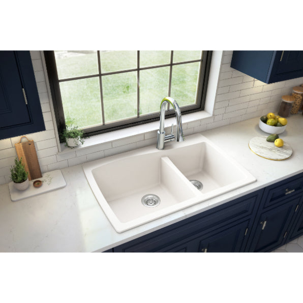 Karran 34" Drop In/Topmount Quartz Composite Kitchen Sink, 60/40 Double Bowl, White, QT-721-WH