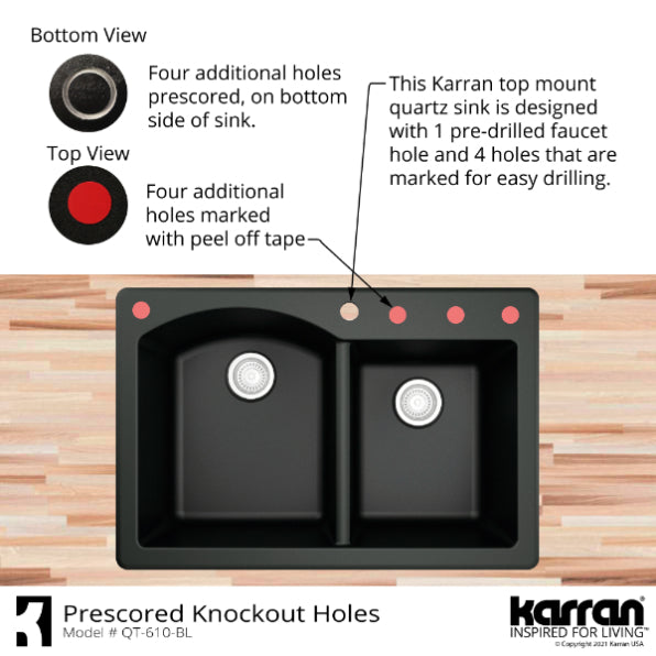 Karran 33" Drop In/Topmount Quartz Composite Kitchen Sink, 60/40 Double Bowl, Grey, QT-610-GR-PK1