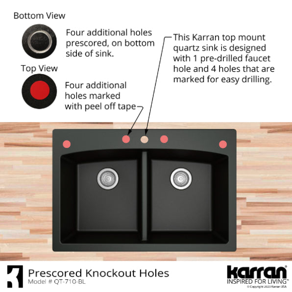 Karran 33" Drop In/Topmount Quartz Composite Kitchen Sink, 50/50 Double Bowl, Bisque, QT-710-BI-PK1