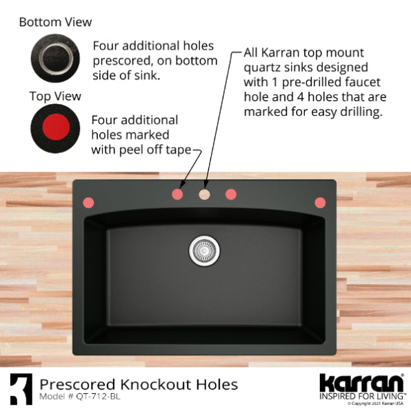 Karran 33" Drop In/Topmount Quartz Composite Kitchen Sink, Black, QT-712-BL-PK1
