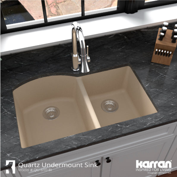 Karran 32" Undermount Quartz Composite Kitchen Sink, 60/40 Double Bowl, Bisque, QU-610-BI-PK1