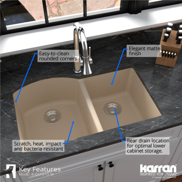 Karran 32" Undermount Quartz Composite Kitchen Sink, 60/40 Double Bowl, Bisque, QU-610-BI