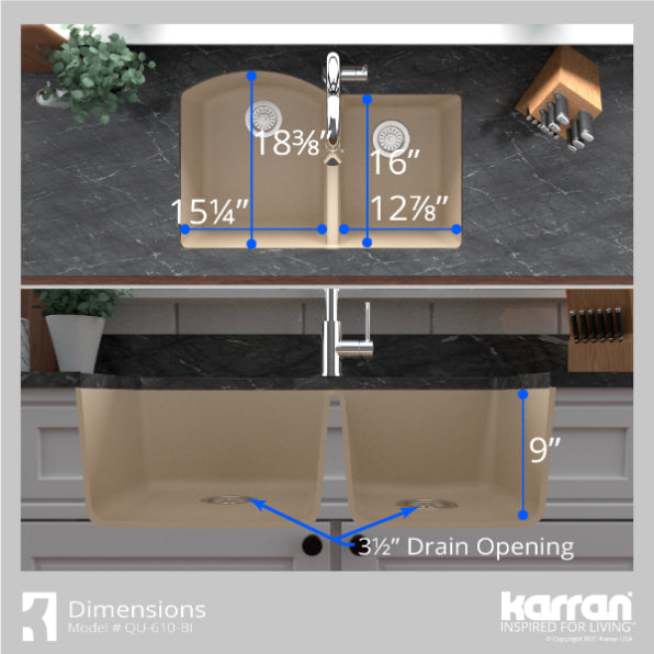Karran 32" Undermount Quartz Composite Kitchen Sink, 60/40 Double Bowl, Bisque, QU-610-BI