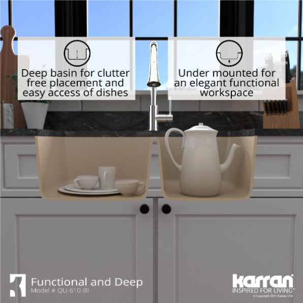 Karran 32" Undermount Quartz Composite Kitchen Sink, 60/40 Double Bowl, Bisque, QU-610-BI