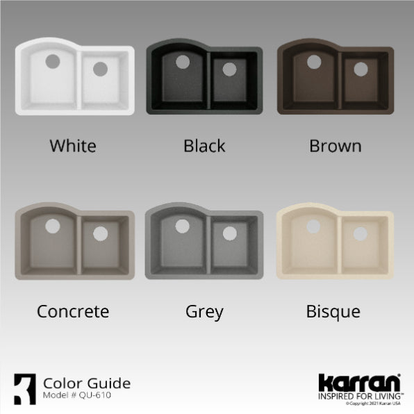 Karran 32" Undermount Quartz Composite Kitchen Sink, 60/40 Double Bowl, White, QU-610-WH