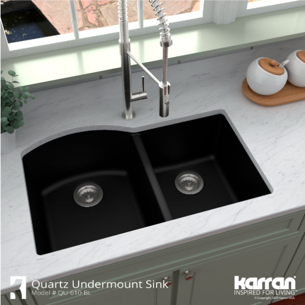 Karran 32" Undermount Quartz Composite Kitchen Sink, 60/40 Double Bowl, Black, QU-610-BL-PK1